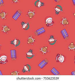 New Year pattern. santa claus, elf, deer on a red background