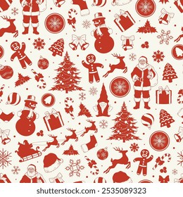 New Year pattern seamless monochrome with Christmas reindeer and Santa Claus near fir trees and holiday treats vector illustration