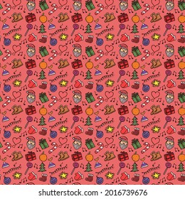 New year pattern. Seamless vector pattern with doodle new year and christmas icons. Colored illustration with Santa, gift box, сhristmas tree, sweets, hat, orange, and stars