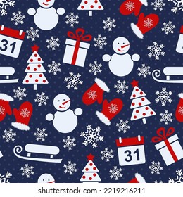 New Year pattern. Seamless vector illustration with snowmen, Christmas trees, mittens, calendars, sled and snowflakes