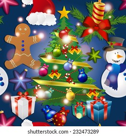 New year pattern with snowman, Christmas tree toy, gingerbread man. Gift and candle. Santa hat. Sparkles and bokeh. Shiny and glowing