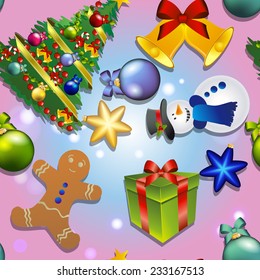 New year pattern with snowman, Christmas tree, gingerbread man. Gift and Christmas toy. Bell with bow. Sparkles and bokeh. Shiny and glowing