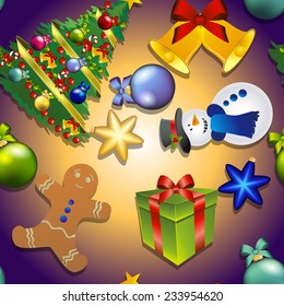 New year pattern with snowman, Christmas tree, gingerbread man. Gift and Christmas toy. Bell with bow