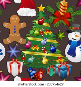 New year pattern with snowman, Christmas tree toy, gingerbread man. Gift and candle. Santa hat. Seamless pattern