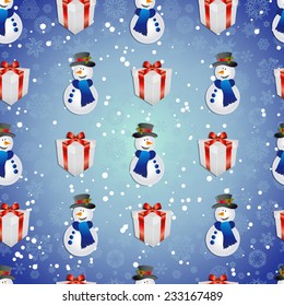 New year pattern with snowman and gift. Christmas texture fill. Backdrop with snowflakes.  