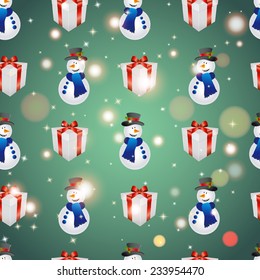 New year pattern with snowman and gift. Christmas texture fill. Sparkles and bokeh. Shiny and glowing