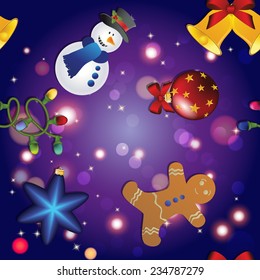 New year pattern with snowman, gingerbread man, bell, garland and Christmas tree toy.  Sparkles and bokeh. Shiny and glowing