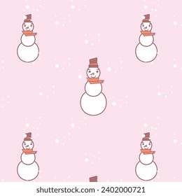 New Year pattern. Snowman on pink. Textiles for children.