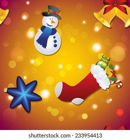 New year pattern with snowman, sock for gifts, bell and Christmas tree toy.  Sparkles and bokeh. Shiny and glowing