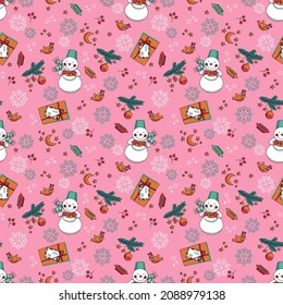 New Year pattern With Snowmen. Cartoon pattern on pink background. 