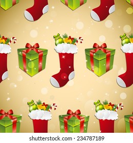 New year pattern with sock for gifts and gift.  Sparkles and bokeh. Shiny and glowing
