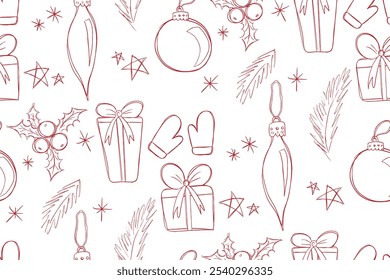 Un patrón de Año Nuevo en el estilo de un boceto con regalos y juguetes de árbol de Navidad. Ilustración vectorial