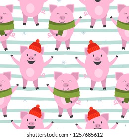 New year pattern with symbol of 2019 year - pig wiht scarf hat. Vector illustration in cartoon style for kids, decoration, design, wrapping paper.