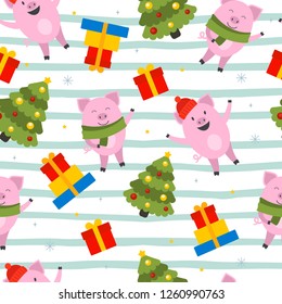 New year pattern with symbol of 2019 year - pig wiht christmas tree and gift. Vector illustration in cartoon style for kids, decoration, design, wrapping paper.