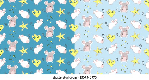 New Year pattern. The symbol of the new year 2020 is a mouse or а rat in the cute Kawaii style. Colored background. Blue and green background.