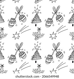 Patrón de año nuevo con símbolos de invierno y año nuevo, navidad. Árbol de Navidad con una estrella ardiente, mitones de Navidad de invierno, estrella fugaz. Ilustración plana vectorial sobre fondo blanco. 