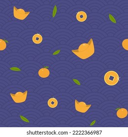 New Year pattern with tangerines, money and gold. Colorful seamless pattern for holiday cards, wrapping paper, decoration, fabric. Vector. 