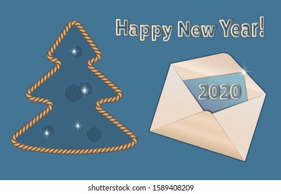 New year pattern. Template frame for card design with isolated elemens of christmas tree, stars, envelope 2020 text. 3d objects on blue background. Vector