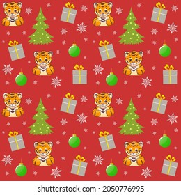 New Year Pattern with Tiger, gifts, snowflakes, christmas tree and ball on red, symbol of 2022 year, vector image, eps10