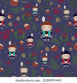 New year pattern with toy soldier, nutcracker, hazelnuts, red bow ,snow and pine branches and cone. Endless vector texture on blue background.