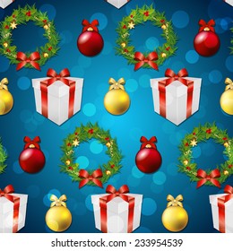 New year pattern with tree toys gift with ribbon and Christmas wreath. Sparkles and bokeh. Shiny and glowing