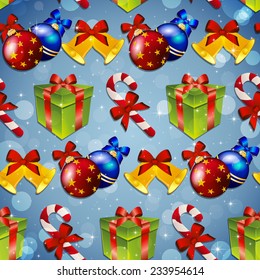 New year pattern with tree toys, gift, striped candy and Christmas bell. Sparkles and bokeh. Shiny and glowing