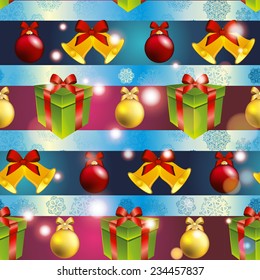 New year pattern with tree toys gift with ribbon and Christmas bell. Sparkles and bokeh. Shiny and glowing