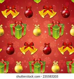 New year pattern with tree toys gift with ribbon and Christmas bell. Sparkles and bokeh. Shiny and glowing