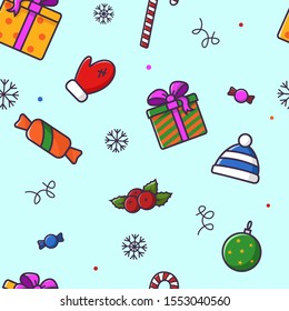 New year pattern in vector on blue background in flat style. Can be used on fabric, on packing paper