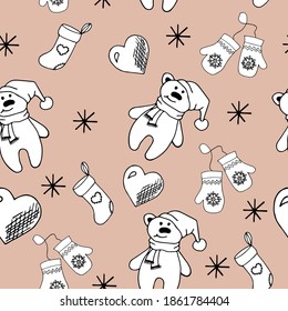 New Year pattern. Vector. On a pale pink background, a bear, hearts, mittens, snowflakes.