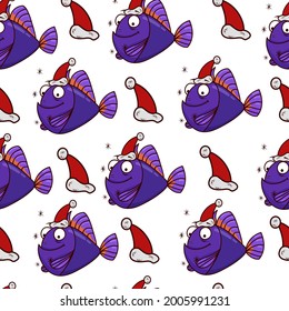 new year pattern with violet fish in santa hat on transparent background