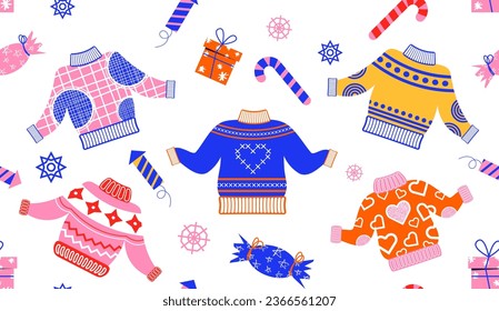 New Year pattern from winter clothes in flat style. Vector background with Christmas elements. For printing on packaging paper, fabric.
