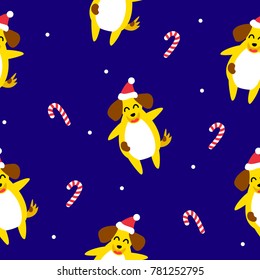 New Year pattern with yellow dog and christmas candy cane on blue background. Flat style. Vector.