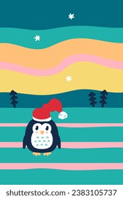 New Year penguin in a cap with Christmas trees under the sky with the polar lights. Perfect vector print for poster, card, banner. Vertical illustration.


