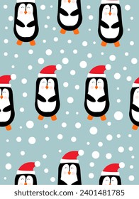New Year penguins pattern on blue background.