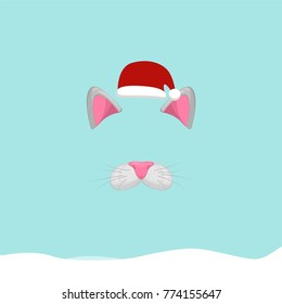 New year Photo Booth Props. Animal face elements with Santa hat. Cat. Vector.