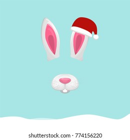 New year Photo Booth Props. Animal face elements with Santa hat. Rabbit. Vector.
