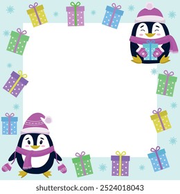 New Year photo frame with penguin, gifts and snowflakes. Vector photo frame.Transparent background. children's illustration.