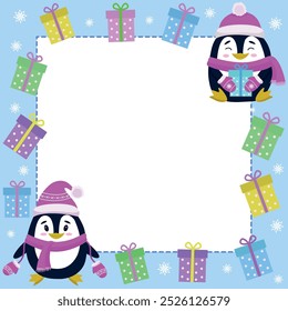 New Year photo frame with penguin, gifts and snowflakes. Vector photo frame.Transparent background. children's illustration.