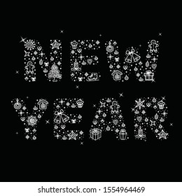 New Year phrase with hand drawn elements, symbols. Happy 2020 New Year gift card 