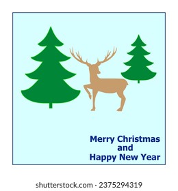 New Year picture with a deer, a Christmas tree and an inscription. New Year card. Fashion graphic design flat element. Colorful template for prints, card, poster. Vector illustration.