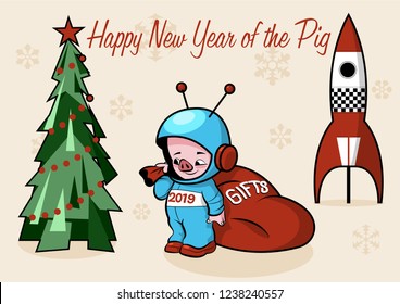 New Year of the Pig 2019 Chinese Zodiac Illustration. Astronaut Piggy, Rocket and Christmas Tree