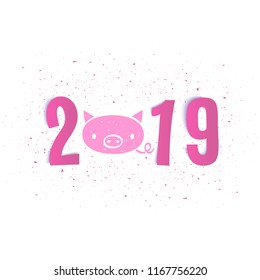 New year of the pig 2019 cute postcard, realistic paper letters, vector illustration