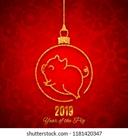 New year of the pig 2019 gold glitter design on red background, chinese horoscope symbol, vector illustration