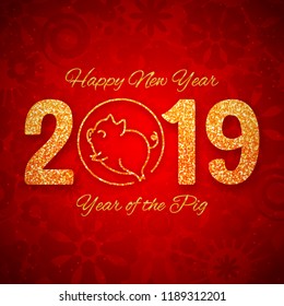 New year of the pig 2019 gold glitter design on red background, chinese horoscope symbol, vector illustration