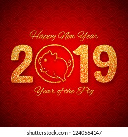 New year of the pig 2019 gold glitter design on red background, chinese horoscope symbol, vector illustration