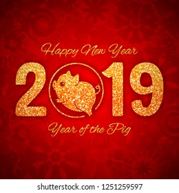 New year of the pig 2019 gold glitter design on red background, chinese horoscope symbol, vector illustration