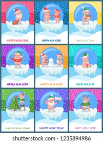 New Year of pig 2019, winter holiday festive posters. Symbolic zodiac animal in costume of Santa or Elf, snowman and Christmas tree vector illustration