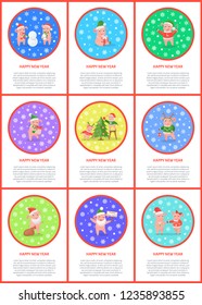 New Year pig decorating pine Christmas tree set vector. Winter holidays activities of animal, symbolic piglet wearing Santa Claus hat carrying bag