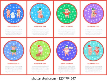 New Year pig greeting with presents, holding gifts in hands vector. Piglet building snowman, snowfall outdoors, animal wearing reindeer horns on head